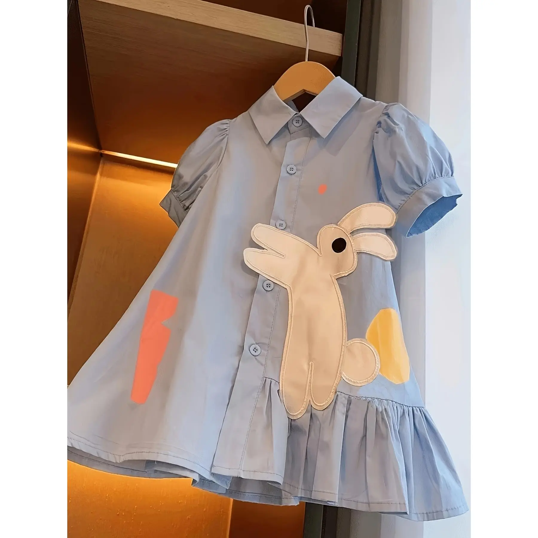 Easter new summer design, animal rabbit pattern, asymmetrical pleated shirt dress with small collar, cute college style short-sleeve dress