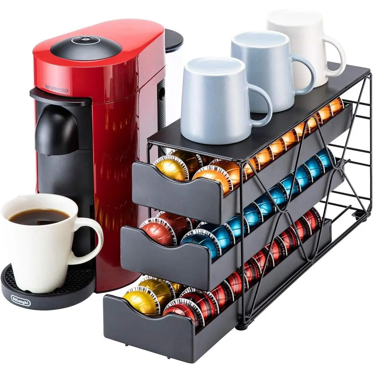 Vertuo Pod Holder 60 Large Pods Capacity 3 Tier | Vertical Design Saves Counter Space Black Sturdy Metal Frame No Assembly For Coffee Bar Kitchen Including Flavor Labels