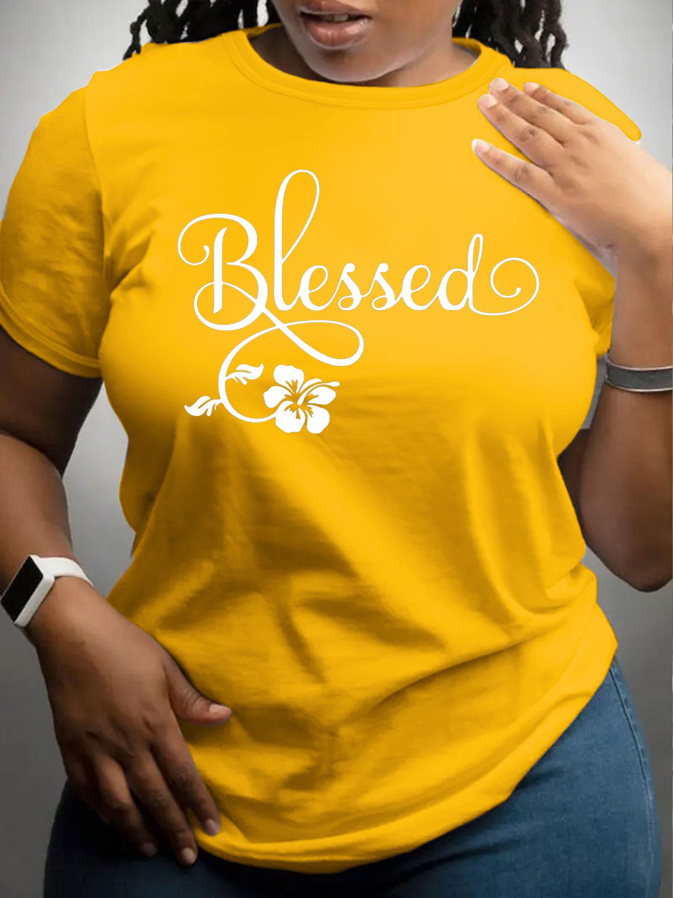 【Plus Size】 Letter & Flower Print Round Neck Tee, Casual Short Sleeve Crew Neck T-Shirt for Daily Wear, Women Plus Clothing for All Seasons