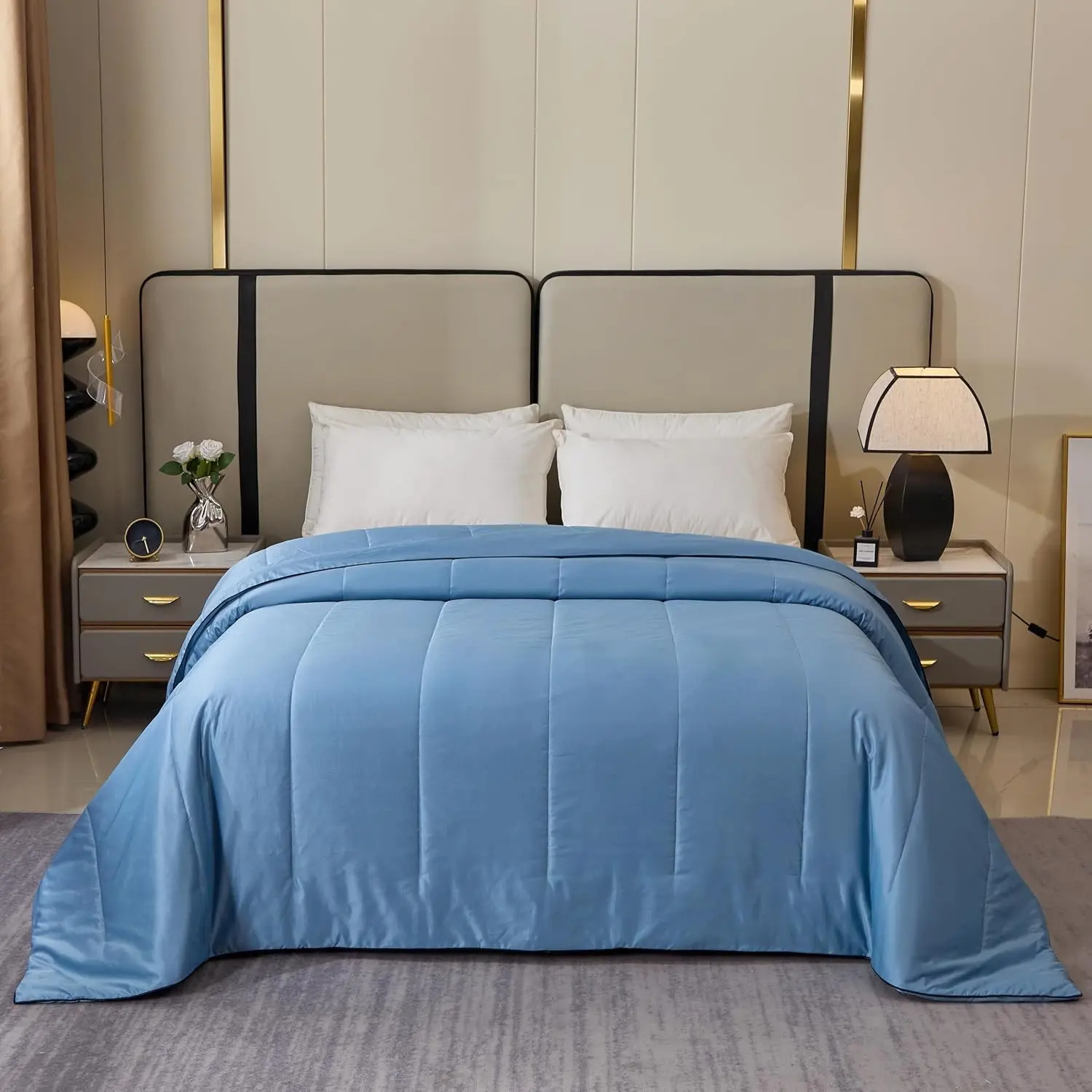 2025 Premium Non-Vacuum Reversible Lightweight Cooling All Season Comforter Quilt - Soft Breathable Fluffy (Sky Blue, Full/Queen)