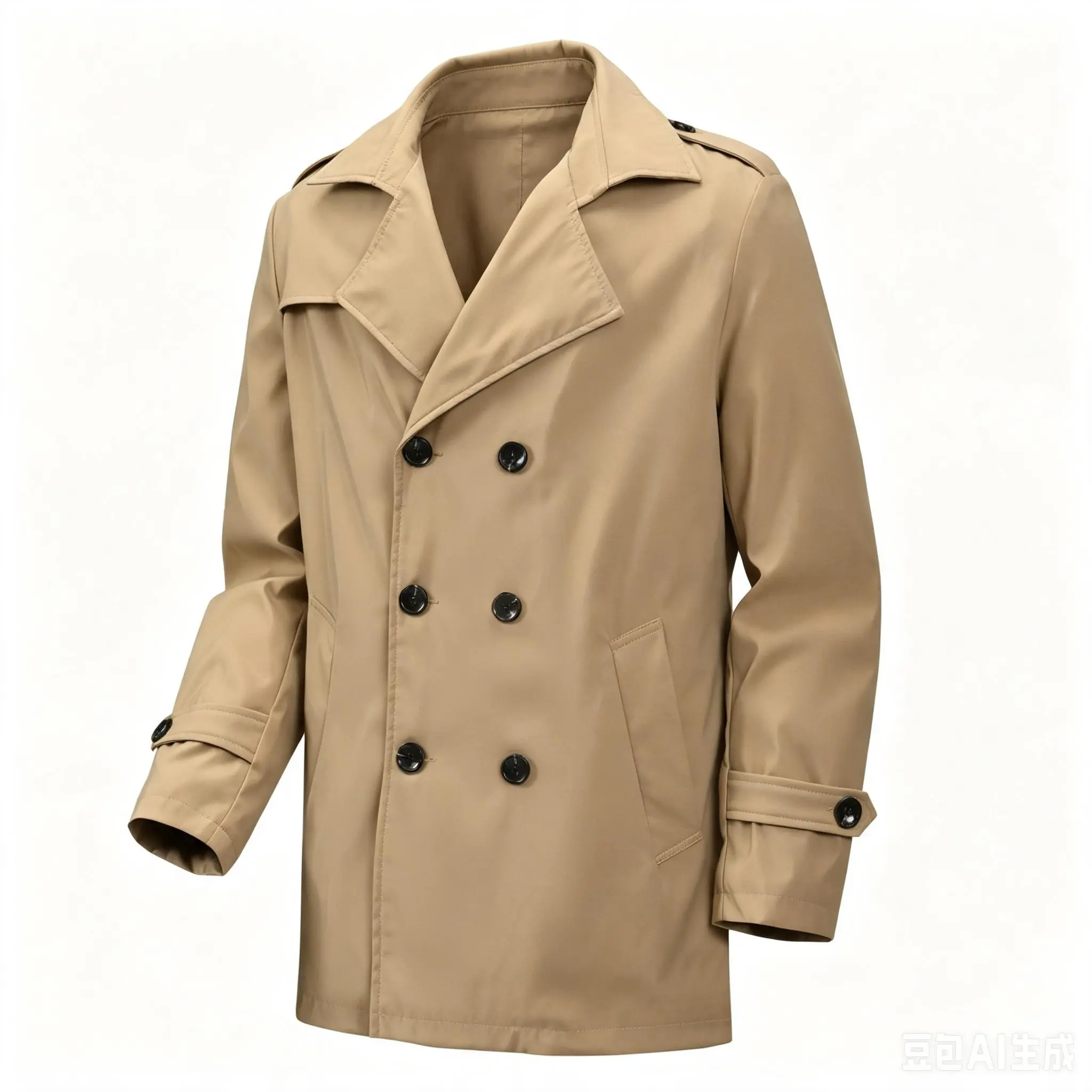 Men Short Khaki Trench Coat, Double Breasted Lapel Windproof Jacket, Epaulet Design Cuff Strap Business Casual Outerwear for Daily Wear