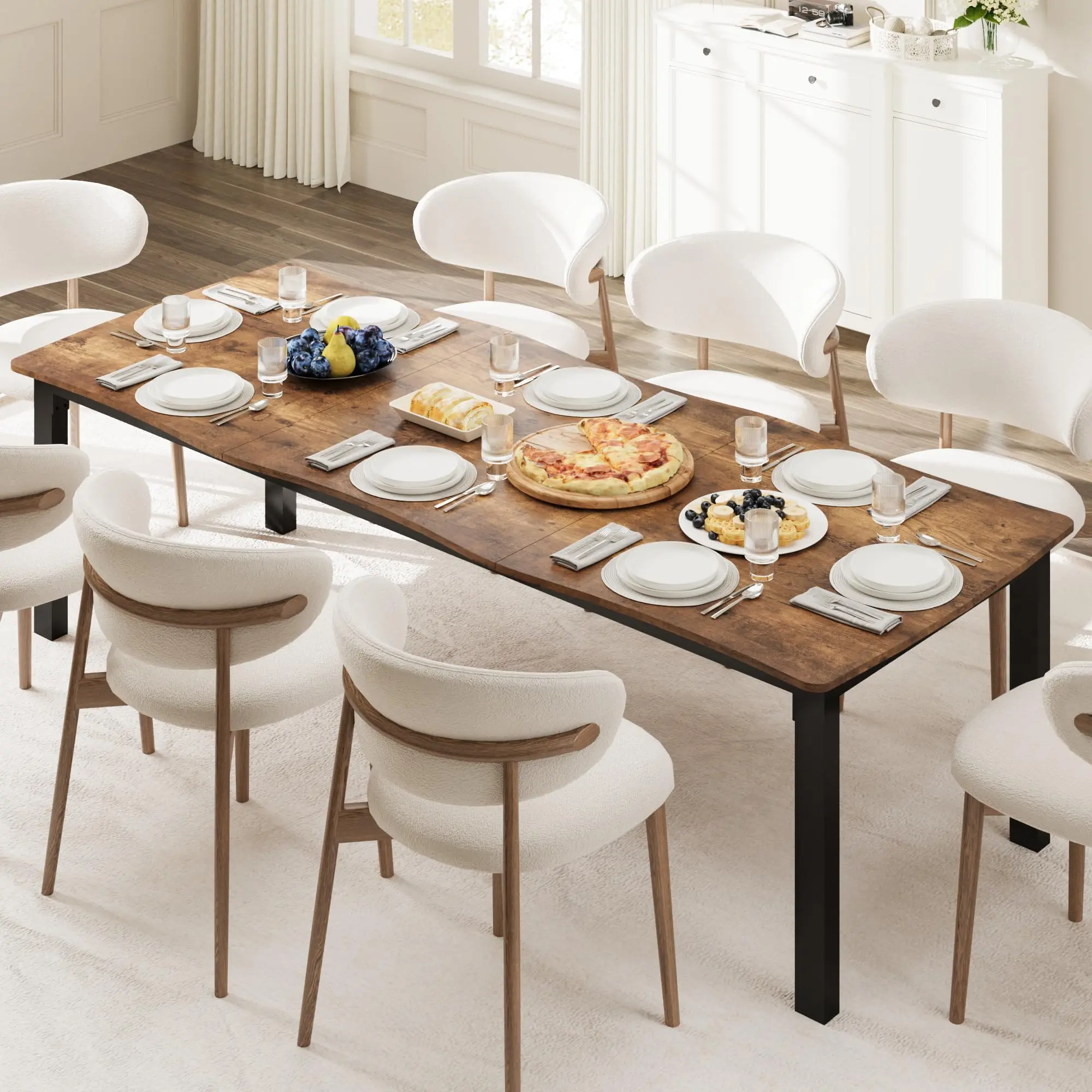 Modern Kitchen Table - Minimalist 6-8 Seater Contemporary Dining Table, 78.7" Length, 15mm MDF Top, Long Wave-Edge Design, Waterproof, Mark-Resistant, Solid Flat Metal Frame, Easy Set-Up, Multi-Room Flat Metal Dining Room Furniture