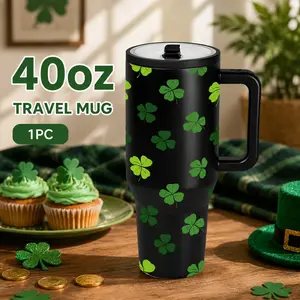 AuraCup 1pc 40oz Insulated Tumbler with Handle and Lid, Green Clover Pattern Stainless Steel Vacuum Travel Mug, Large Capacity Reusable Cup, Vacuum Insulated Flask, Keeps Drinks Cold 12h Hot 6h, Gift for St Patrick’s Day, Drinkware