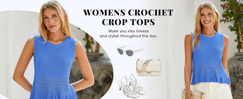 Saodimallsu Womens Crochet Crop Tank Tops Sleeveless Crew Neck Ruffle Summer Boho Knit Sweater Vest Saodimallsu Womens Crochet Crop Tank Tops Sleeveless Crew Neck Ruffle Summer Boho Knit Sweater Vest