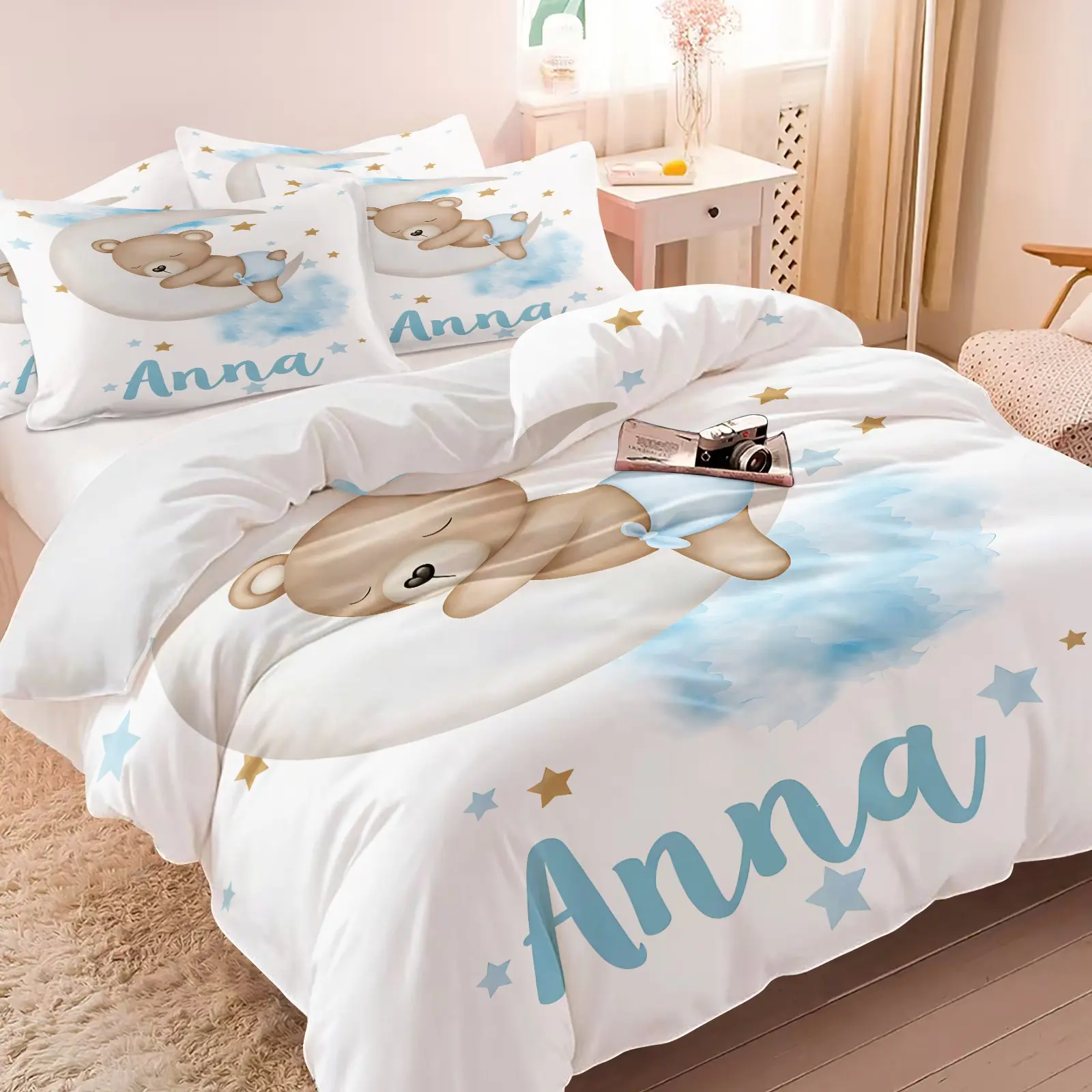 Watercolor Sleeping Bear Moon Star Print Duvet Cover Set (Includes 1 Duvet Cover + 1/2 Pillowcases), Ultra-Fine Fiber Soft, Comfortable & Breathable Comfy Bed Linens, Personalized Cute Baby Kids Bedroom Decor
