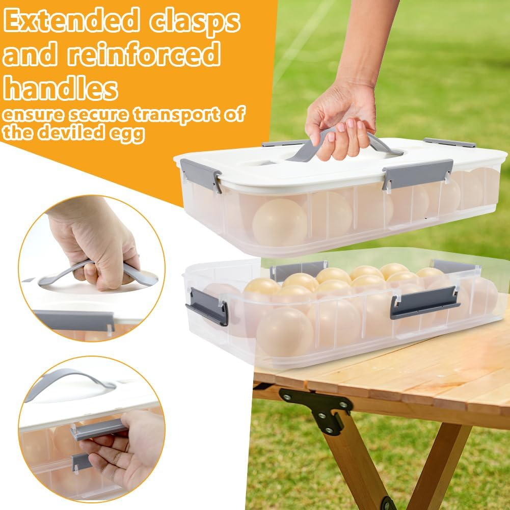 2-Layer Deviled Egg Containers With Lid,36PCS Deviled Egg Tray Carrier with Handl Injector Piping Tool,Portable Stackable Egg Holder Platter Holder Organizer for Refrigerator Party Picnic Travel Event