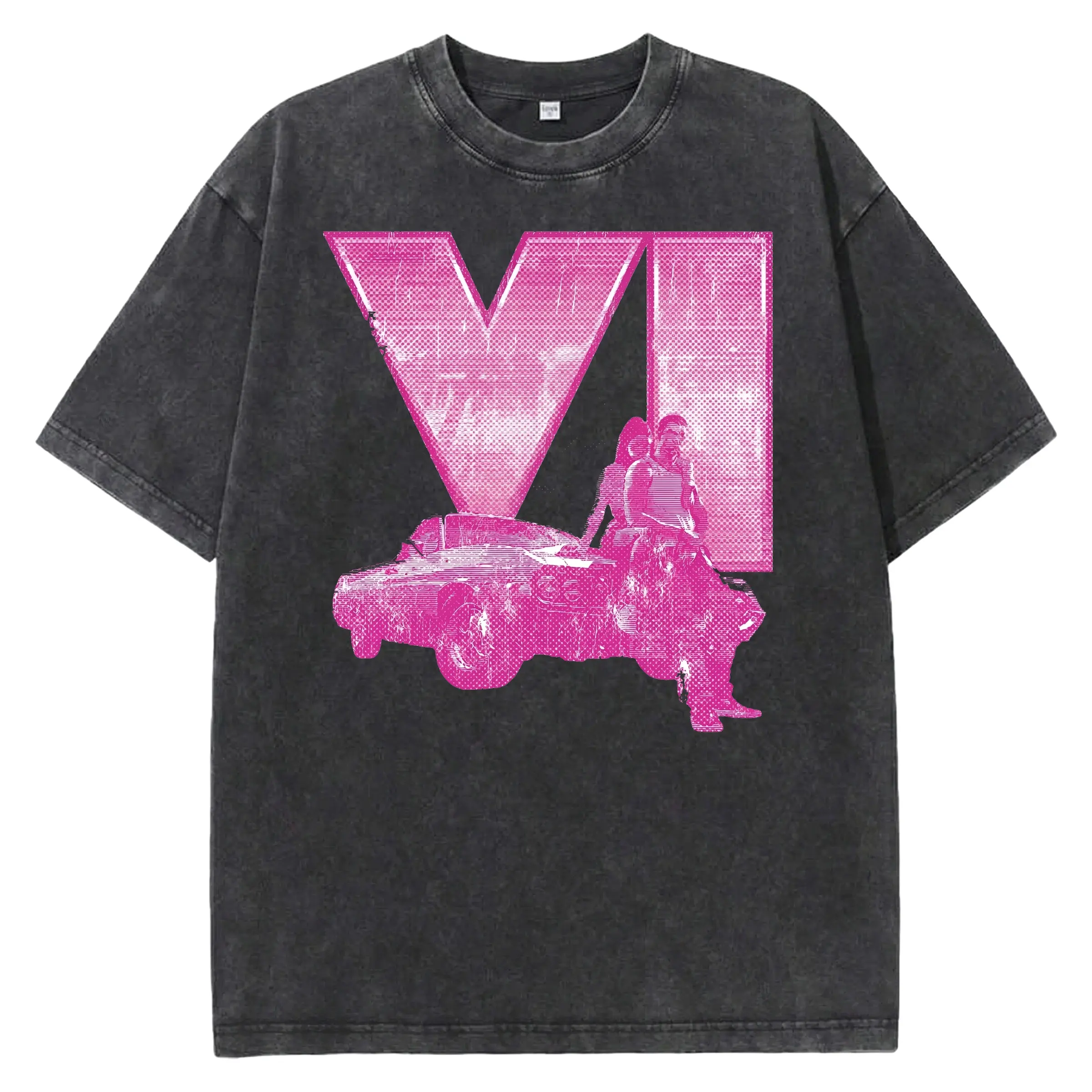 GTA6 Pink Halftone Vice Sports Ca Graphic T Shirt, Heavyweight100%Cotton Oversized Tee for Men and Women Unisex, Gothic Grunge Y2K Emo Streetwear Clothes Casual Daily Wear Summer Outfits Shirts