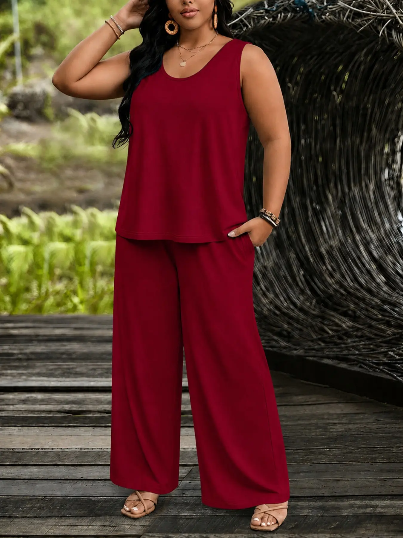 Plus Size Women's Simple Chic Basic Solid Color Two-Piece Set, Round Neck Sleeveless Top for Spring Summer Fall, Casual Daily Vacation Wear Clothes