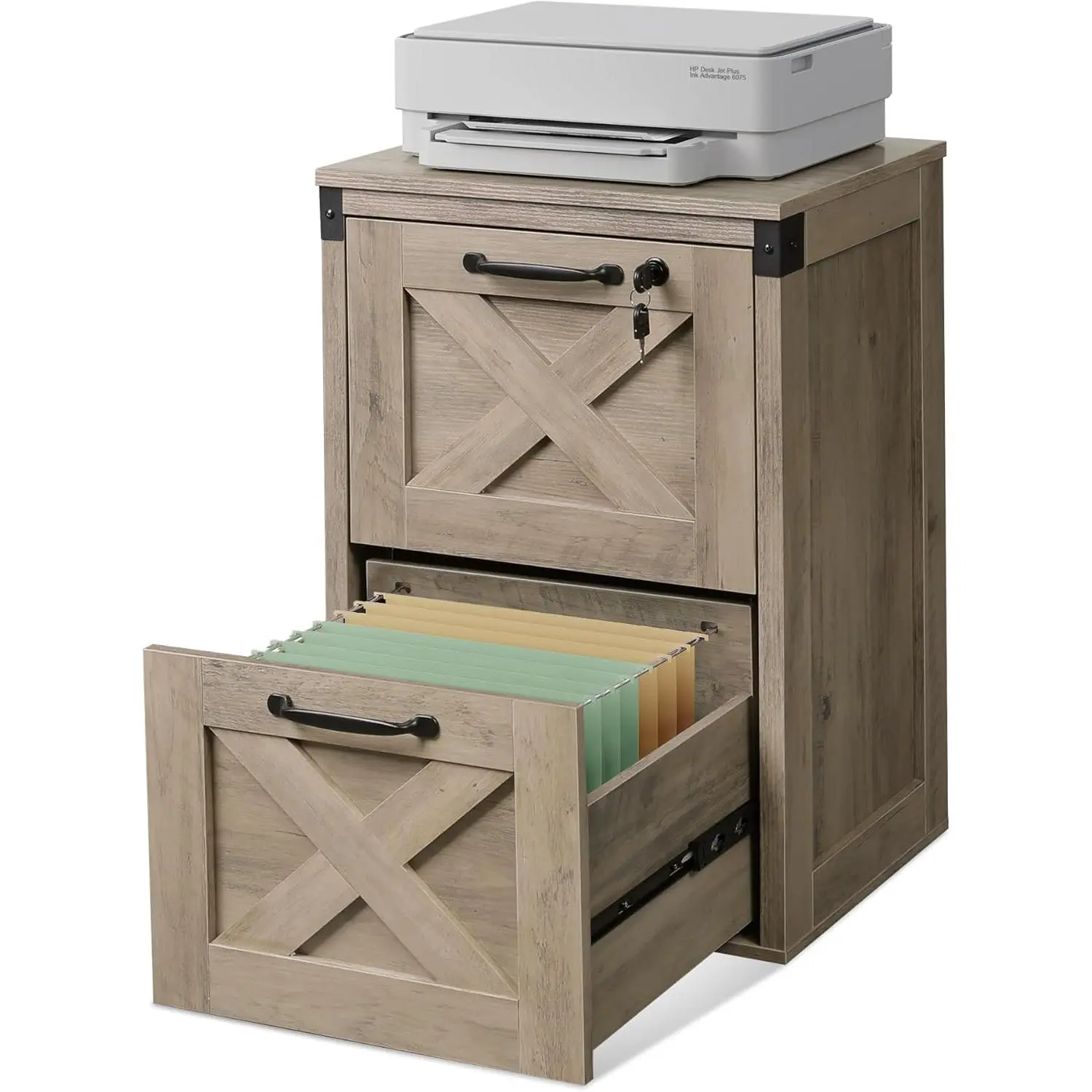 DEVAISE 2-Drawer Farmhouse File Cabinet & Organizer | Lockable Wooden Storage with A4/Letter Size Compatibility, Office Printer Stand/ Executive Desk