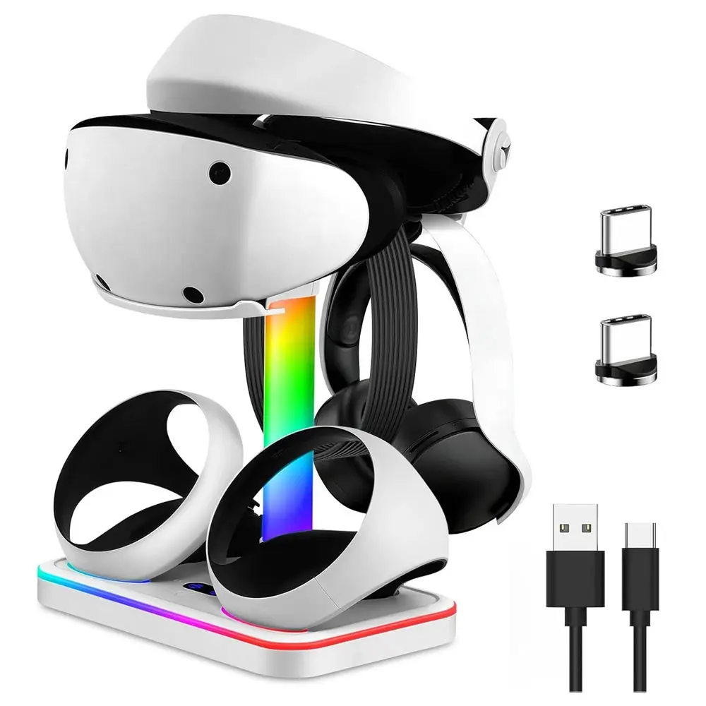 Charging Stand for PlayStation VR2, PSVR2 Charging Station with VR Headset Stand, Dual Controller Charging Dock, LED Charging Indicator & 7 RGB Light Modes