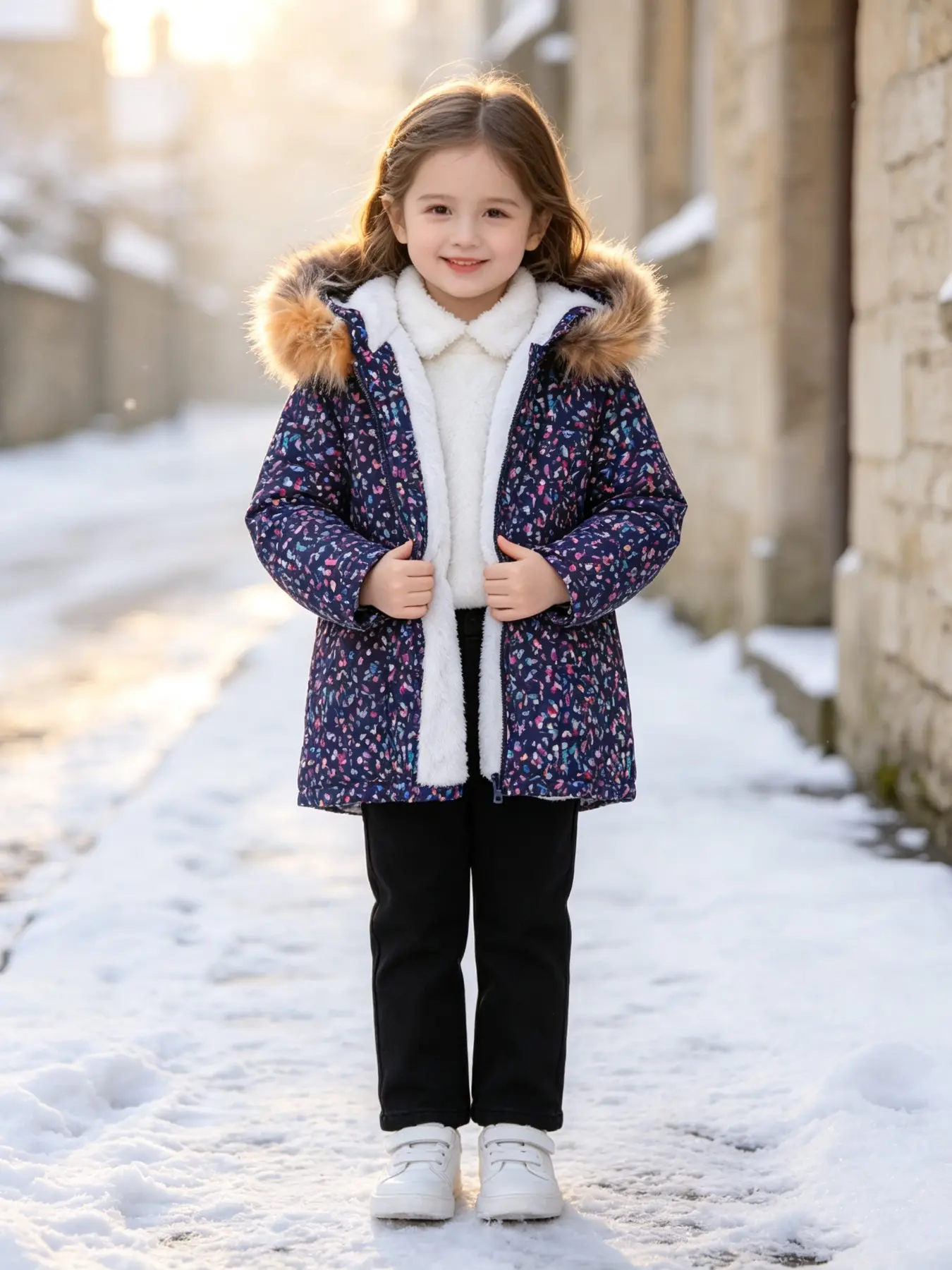 Girls' Winter Floral Print Down Jacket, Thick Warm Detachable Fur Collar, Windproof Outdoor Coat for Ages 3-7, Casual Slim Fit