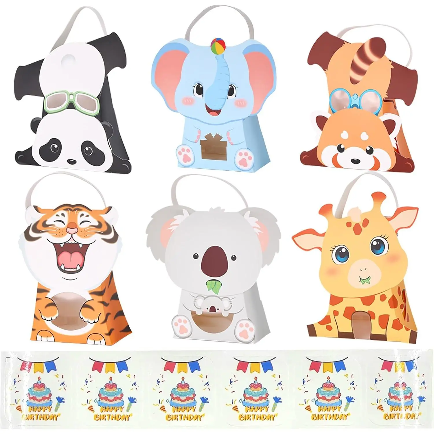 30 count  Paper  Bags with Handles & Birthday Stickers, 6 Cute  Designs, Medium & Large Goodie Bags with Window,  Birthday Party Loot Bags Favor Supplies(Large)