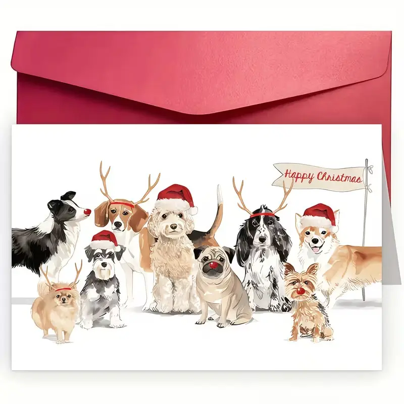 Christmas Dog Group Christmas Greeting Card With Matching Envelope, Watercolor Multiple Dog Breeds With Santa Hat Reindeer Antlers Red Nose Blank Note Card, Happy Christmas Banner Holiday Card For Dog Lovers