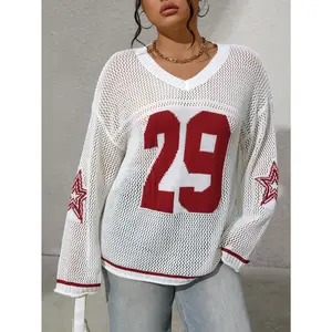 Plus Size Women Tops Number Graphic Jersy Shirts Summer Long Sleeve Crew Neck Tops Streetwear