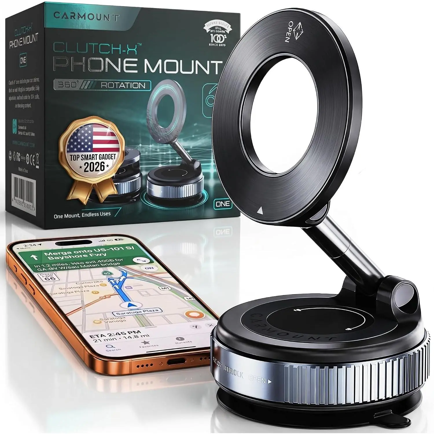 Clutch-X™ Black – Vacuum Phone Mount Suction Cup Car Phone Holder for iPhone, Window Phone Mount for Travel, 360° Vacuum Magnetic Phone Holder for Car, Magnetic Phone Holder with Suction CupGift