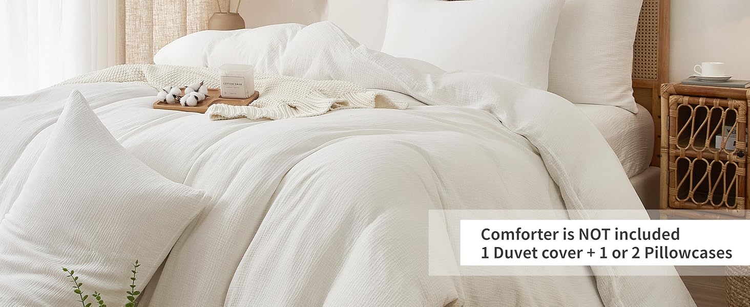 100% Cotton Muslin Duvet Cover Set Queen Size White, Soft Breathable Absorbent Gauze Bedding Duvet Cover, Luxurious Minimalist Natural Wrinkle Textured Comforter Cover 90" x 90"
