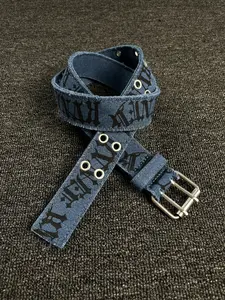 Neutral New Style Dark American Medieval Letter Print No Punching Roller Belt Workwear Denim Style Personalized Blue Belt