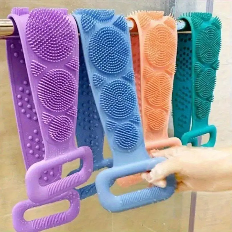 3pcs Green Purple Blue Mixed Set Body Sponge Silicone Brush Bath Towel Scrub Back Massage Shower Extension Light Beige Cleansing Brush Exfoliating Body Brush Bath Accessories