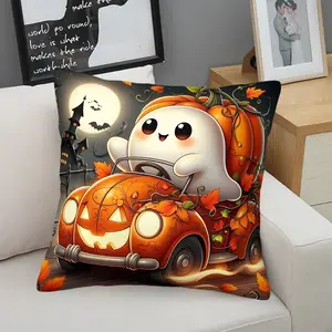 Throw Pillow Halloween Ghost Pumpkin Vehicle Art Print Gaming Pillow, Cozy Pillow With Insert, All-Purpose Square Decor Cushion, Perfect Gift for Birthday, Back to School, Halloween Holiday, Great Present for Teen