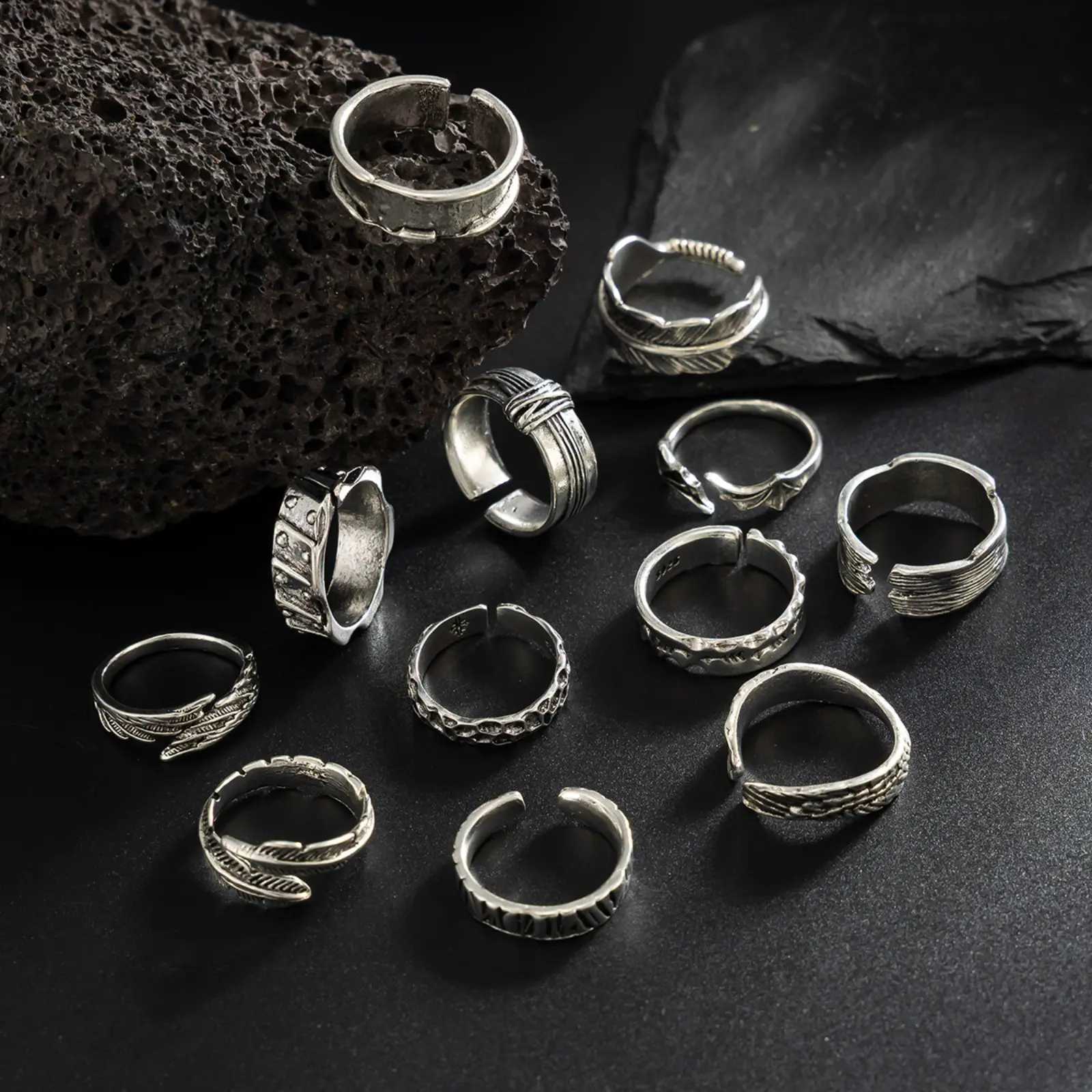 Vintage Silver Open Rings Set Punk Gothic Feather Textured Stackable Band Adjustable Knuckle Ring Biker Hip Hop Jewelry Gift for Men Women Boyfriend