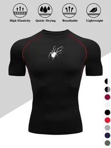 High Elastic Fitness Short Sleeve, Spider Print, Muscle Compression Fit, Quick Dry Men's Sports T-Shirt, Summer Gym Wear, Activewear, Breathable Fabric