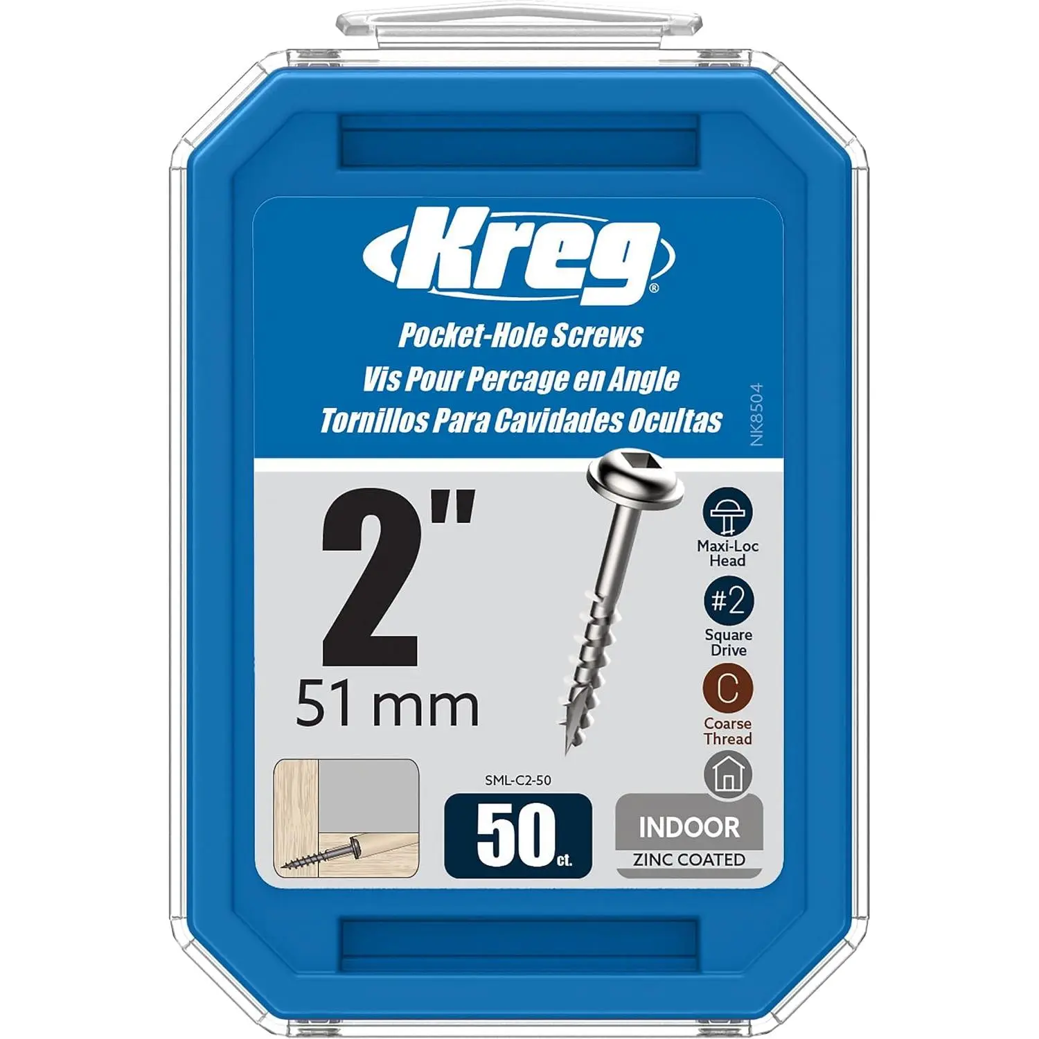 Kreg Zinc Pocket-Hole Screws - SML-C2-50 - 2 Inch - Coarse Thread - Maxi-Loc  - Indoor - 50 Count