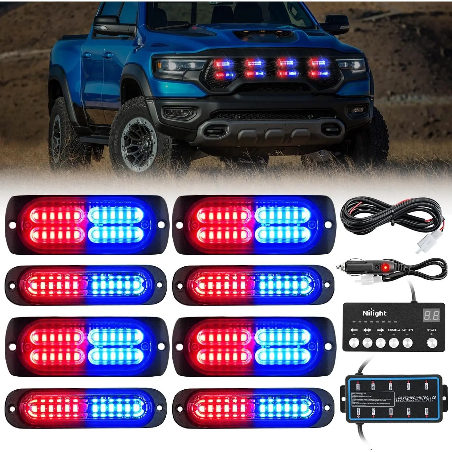 Nilight 8PCS Red & Blue LED Strobe Light Kit - 12V/24V Aluminum Sync Flashing Set with 18 Patterns Controller, Surface Mount for Cars, Trucks, Pickups, Campers, Tractors