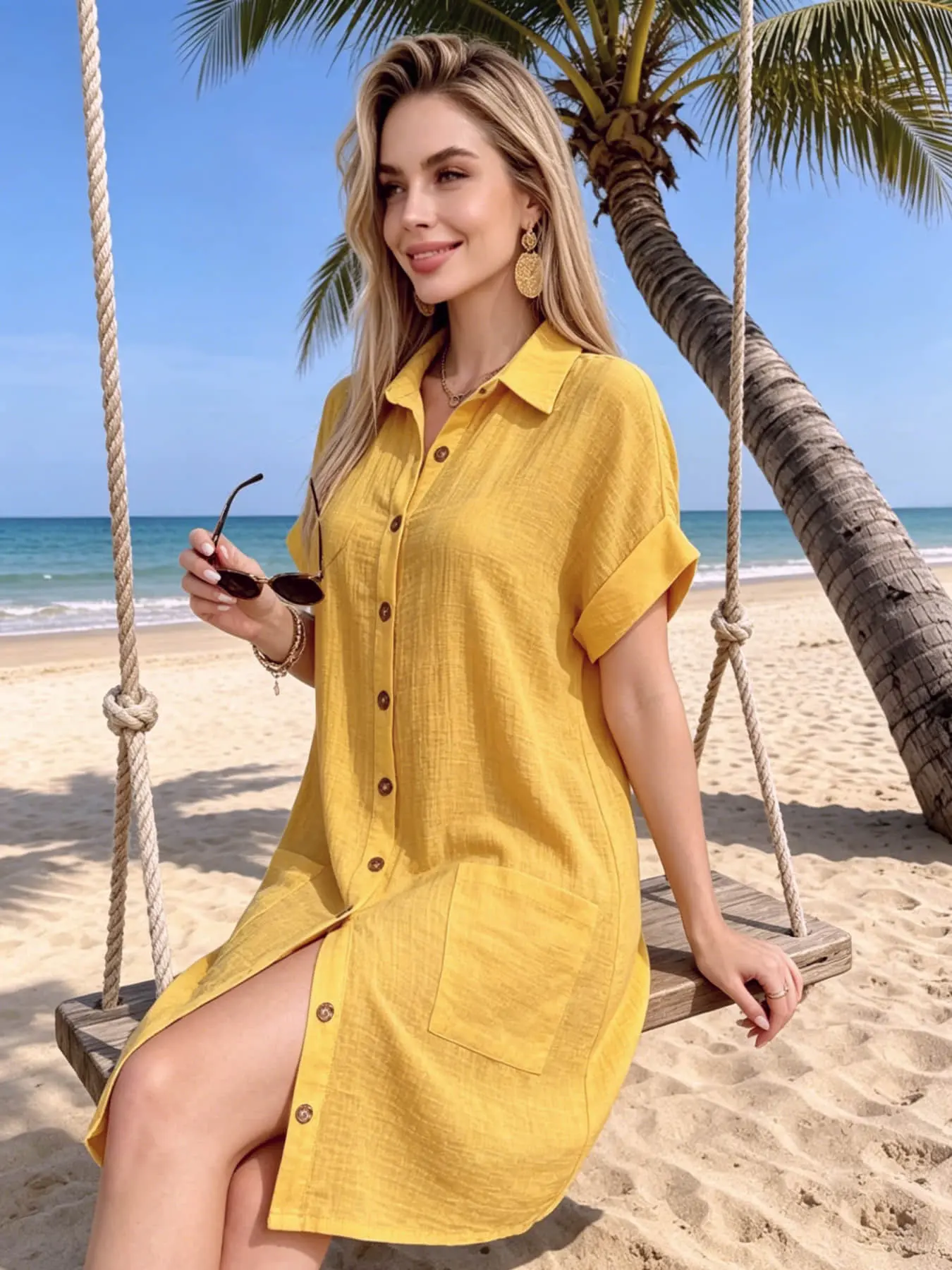 A women's fashionable casual short-sleeve collared shirt dress with pockets, versatile and mid-length, suitable for summer, home, beach, outdoors, and travel wear, Casual Beach Sundress