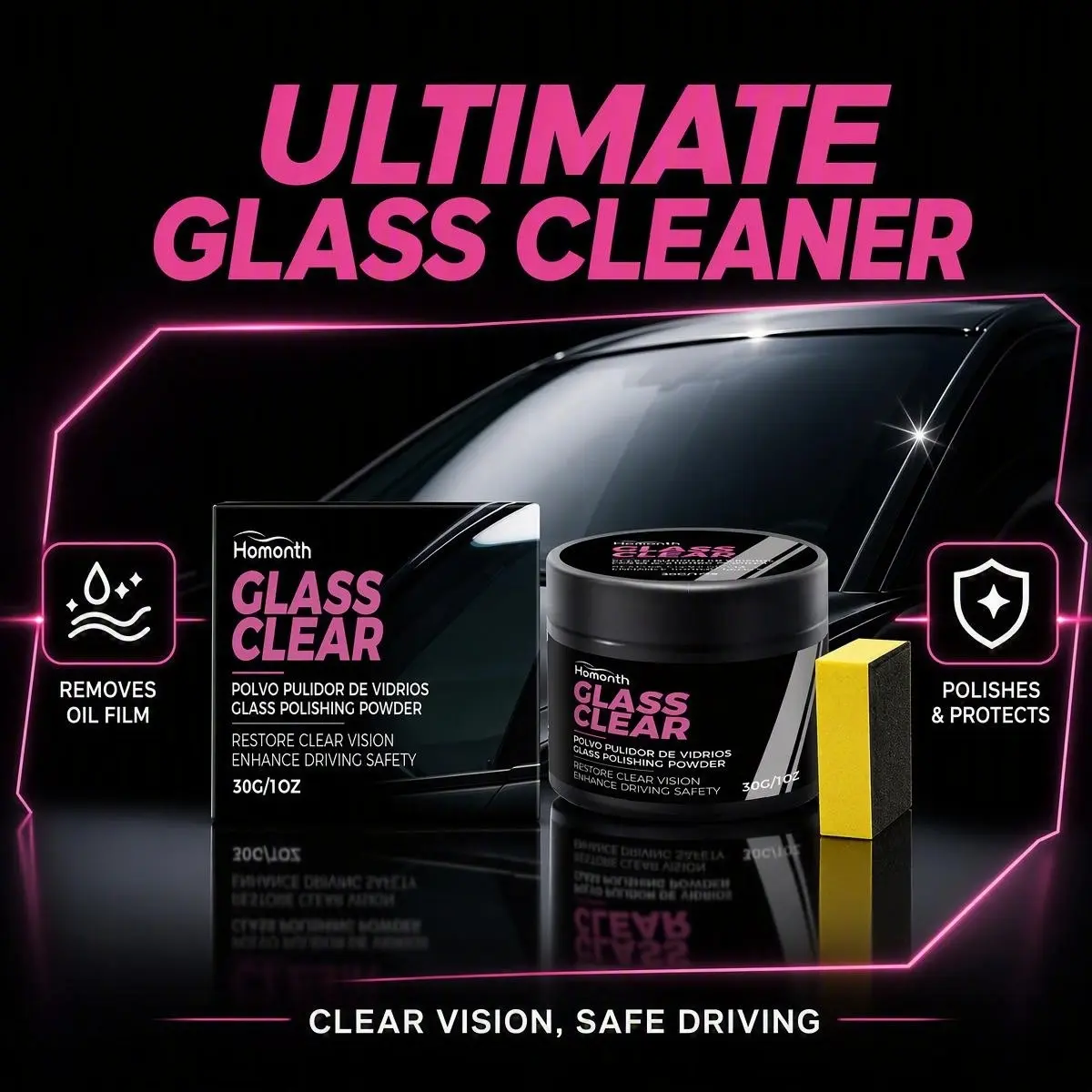 Car Windshield Polish and Cleaning Powder for Glass Surface Restoration, Removes Oil Films Watermarks and Stains, Repairs Fine Scratches, Anti-Glare Clarity Enhancement, Universal Easy Car Window and Mirror Care Tool