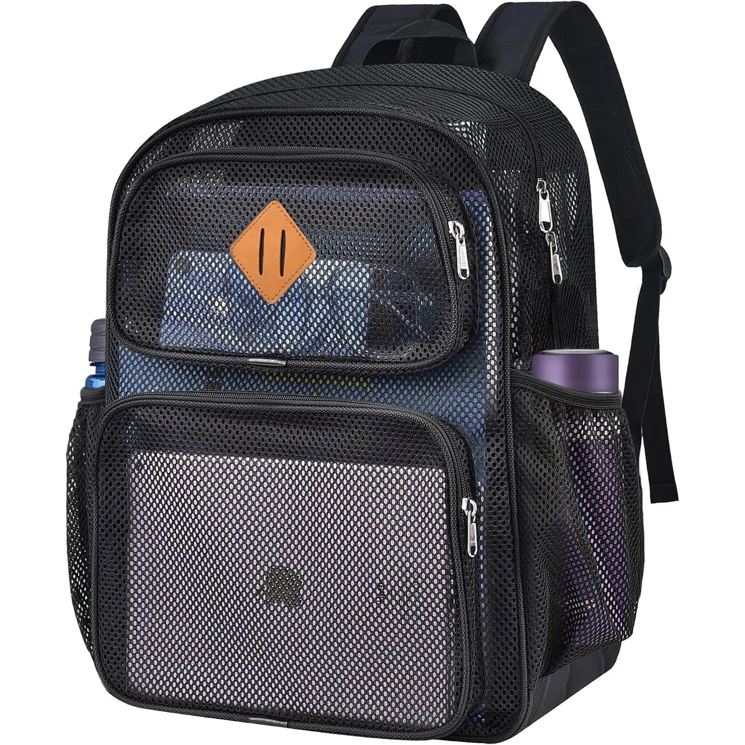 Large Heavy Duty Mesh Backpack See Through Bookbag with 17" Laptop Compartment, Padded Straps for School, Work, Beach, Hiking & Swimming - Boys Girls Adults