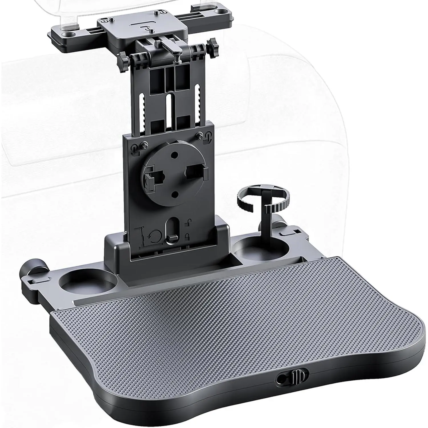 Foldable Car Backseat Travel Tray Table for Kids - Automotive Interior Backseat Travel Tray Mounts & Holders with Adjustable Height, Non-Slip Pad, Rotary Phone/Tablet Holder, Fits Most Cars, Prop 65 Safe, Unisex Use for Roadtrip Eating, Working