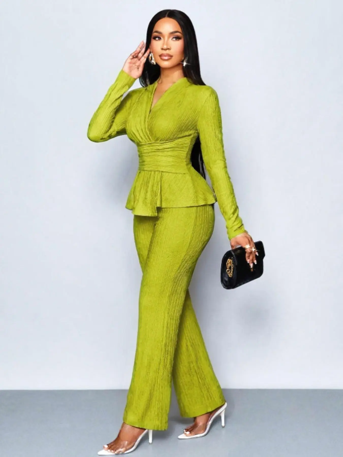 Women's Apricot Color Elegant V Neck Long Sleeve T-Shirt And Wide Leg Pants Matching Two Piece Set, Asymmetrical Hem Two-Piece Outfits, Casual Daily Wear Top, Clothes