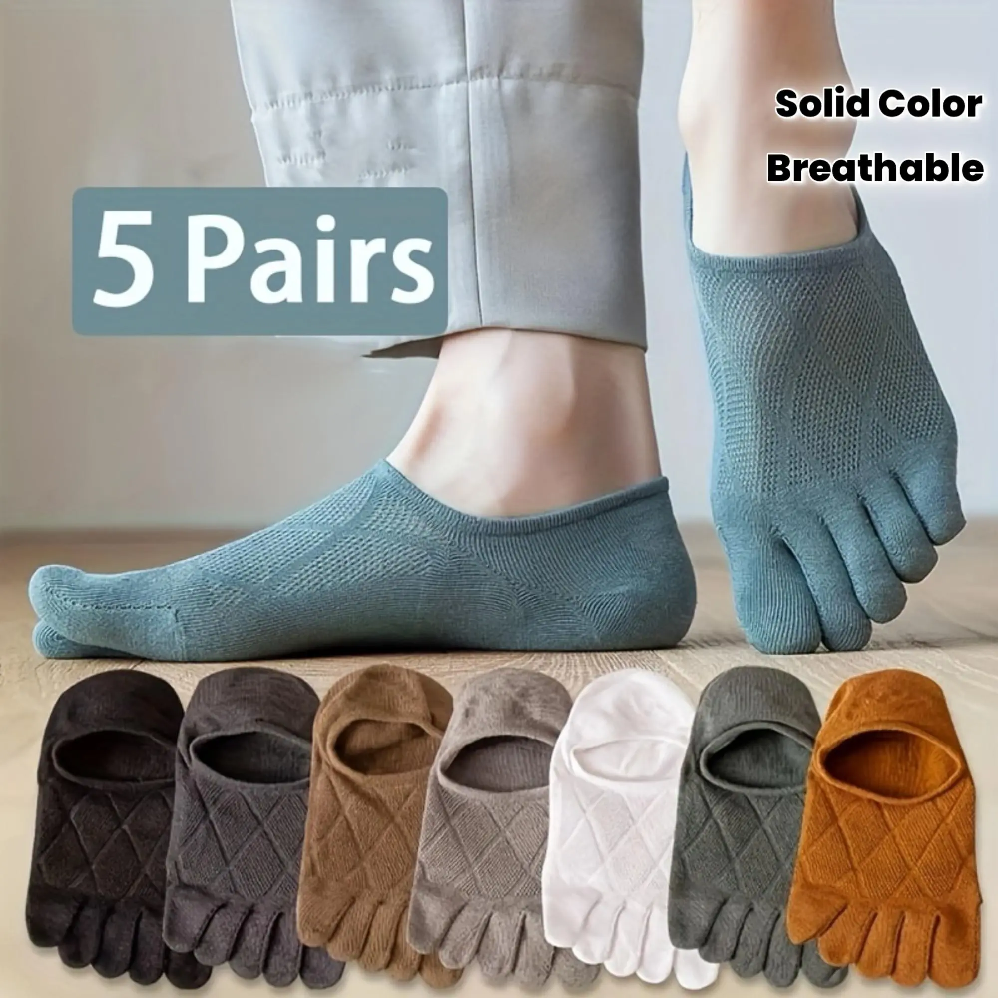 [Men's Five-Toe Socks] 5 Pairs of Men's Five-Toe Socks - Breathable Split-Toe Socks for Spring and Summer - Moisture-Wicking Sports Socks - Boat Socks - Invisible Socks - Solid Color Split-Toe Socks - Mesh Design - Sweat-Resistant