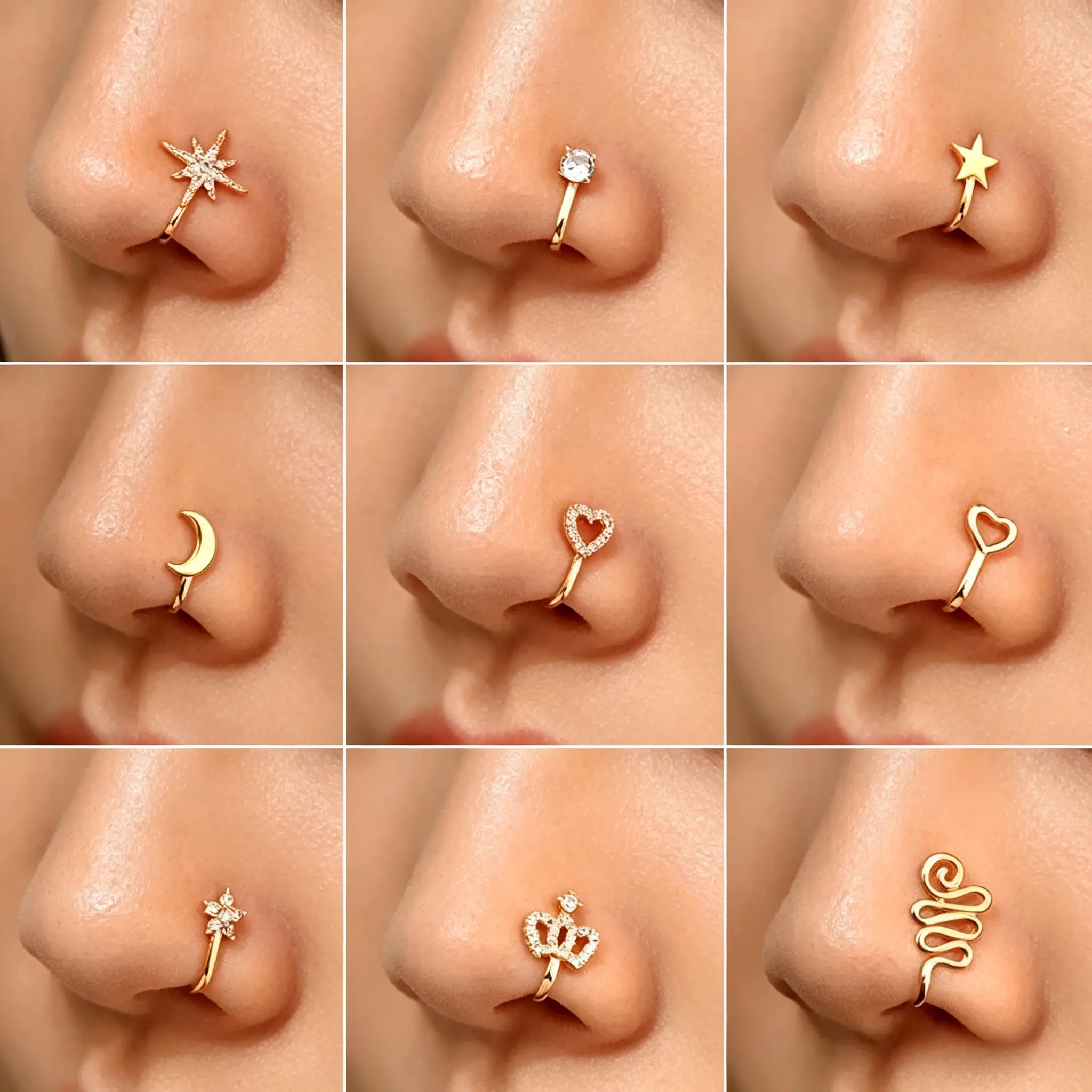 9Pcs U Shaped Nose Ring Non Piercing Nose Clips Jewelry Copper with Zircon Stars Hearts Crowns Comfortable Eye Catching Accessories for Parties and Daily Wear