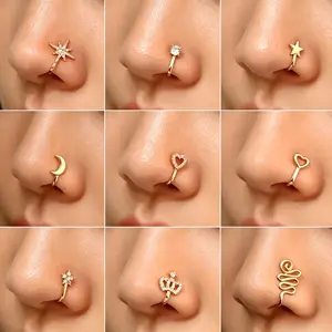 9Pcs U Shaped Nose Ring Non Piercing Nose Clips Jewelry Copper with Zircon Stars Hearts Crowns Comfortable Eye Catching Accessories for Parties and Daily Wear