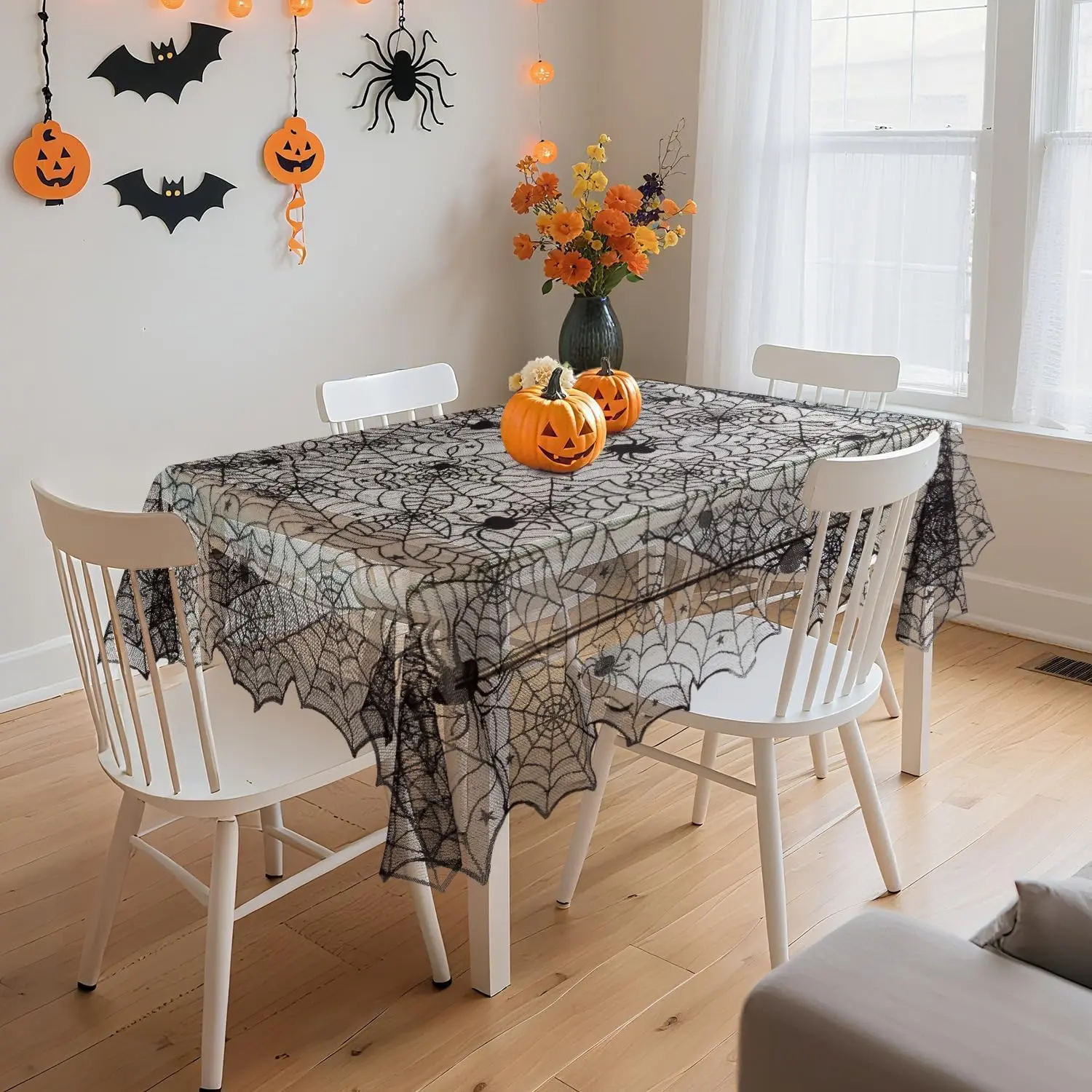PIGETALE Black Lace Halloween Tablecloth Rectangular Overlay 54 x 72 Inches| Spider Web Embroidered Table Cloth Gothic Table Cover Decor for Masquerade Scary Movie Nights Dinner Party Decorations