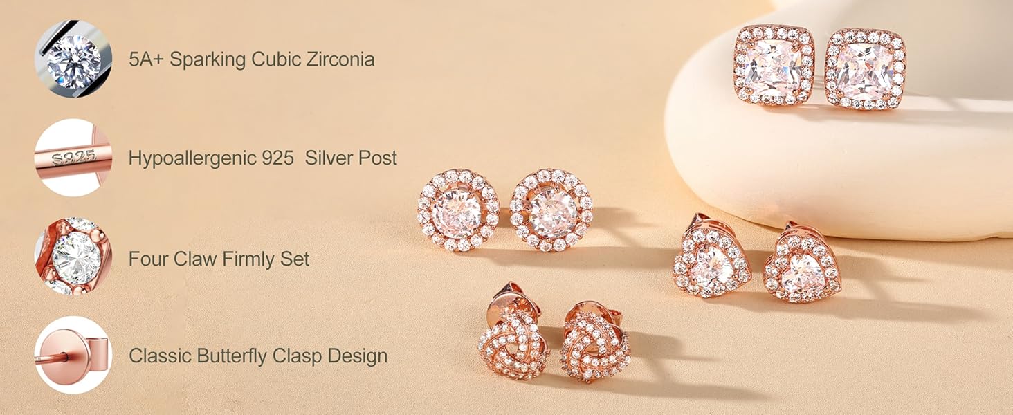 4 Pairs Trendy Sterling Silver CZ Stud Earrings for Women 14K Gold Plated Brilliant Celtic Heart Big Stud Earrings Set Cubic Zirconia Earrings Studs for Sensitive Ear