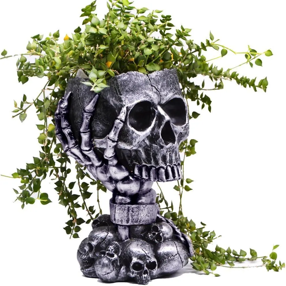 Skull Planter, Gothic Planters for Halloween Decorations Indoor/Outdoor Plants, Goth Flower Pots, Plant Pots, Skull Flower Pot, Plant Pot, Unique Vase with Drainage(Tall Black)Gift.
