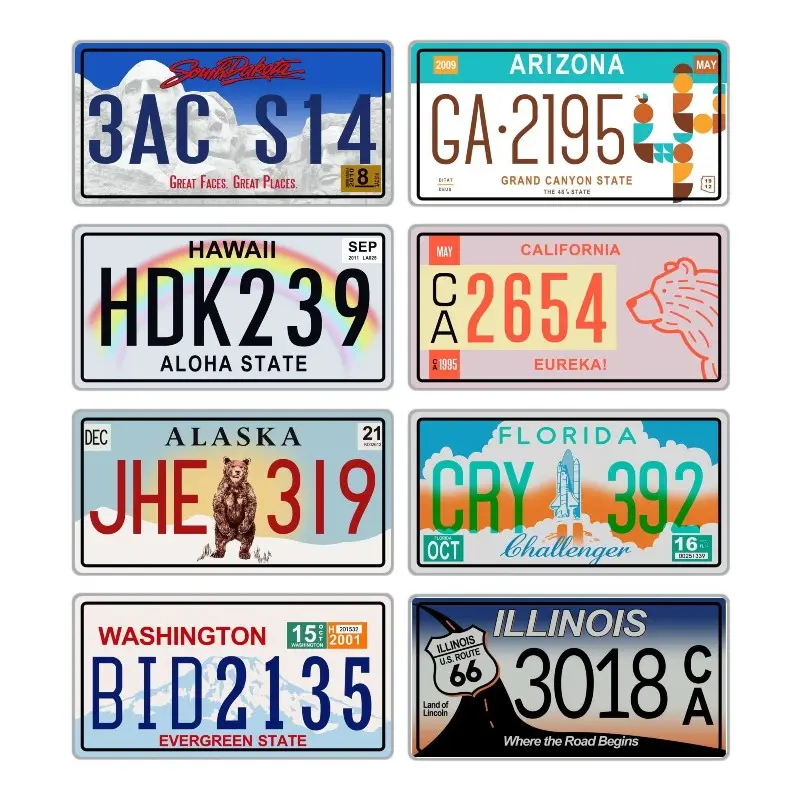Set of 8 Metal USA car LICENSE PLATES - replicas of real American plates of the most famous American states