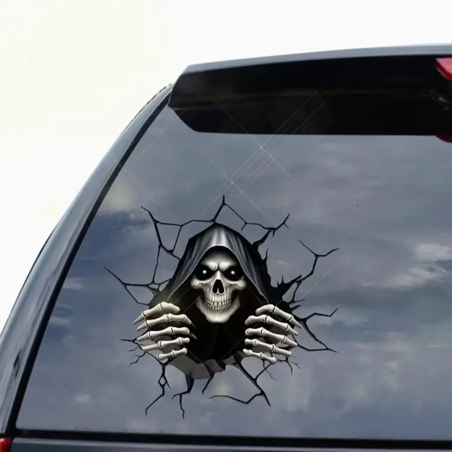2pcs  flat 2D Horror Skull Car Sticker - Double Sided Peep Crack Wall Sticker, High Quality PVC Self Adhesive Design, suitable for irregular shape edge decoration of vehicles, laptops, walls