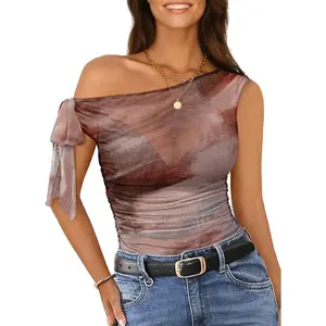 Beauty's WardrobePink Queen Women Summer Mesh Sheer Tops Self Tie Off The Shoulder Sexy Going Out T Shirts Blouse 2026