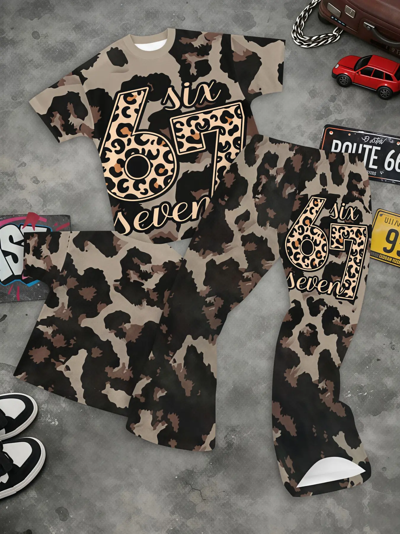 Full Leopard Print Vintage 67 Number Letter Short Sleeve Tee & Curved Matching Pant Co-Ord, Thin Light Elastic Breathable Gentle Skin Soft Outfit, LA Retro Y2K Streetwear For Skate Daily Urban City Commute Scene