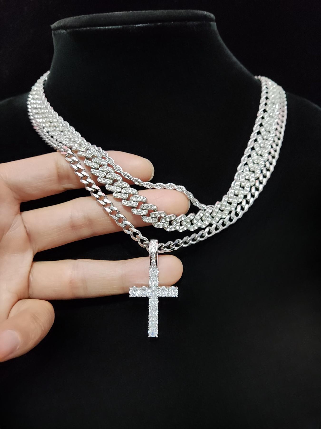 Street Style Artificial Zircon Inlaid Iced Out Cross Pendant & Cuban Chain Necklace, Fashion Jewelry for Party, Daily Clothing Decor, Trendy All-match & Exquisite Jewelry for Birthday Gift