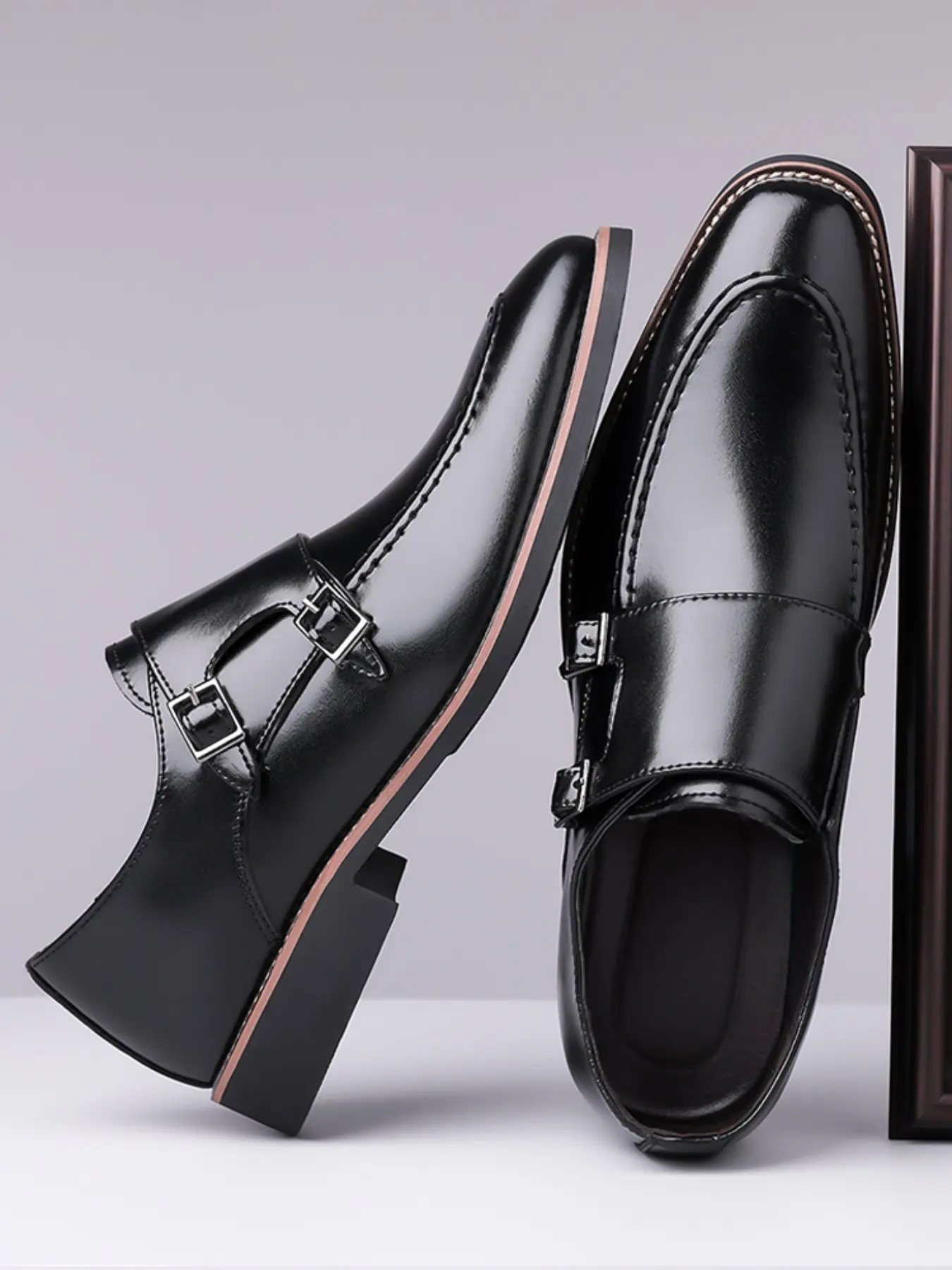 Men's Double Buckle Monk Strap Shoes, Business Retro Style, Slip-On, Pointed Toe, Breathable Lining, Anti-Slip Rubber Sole