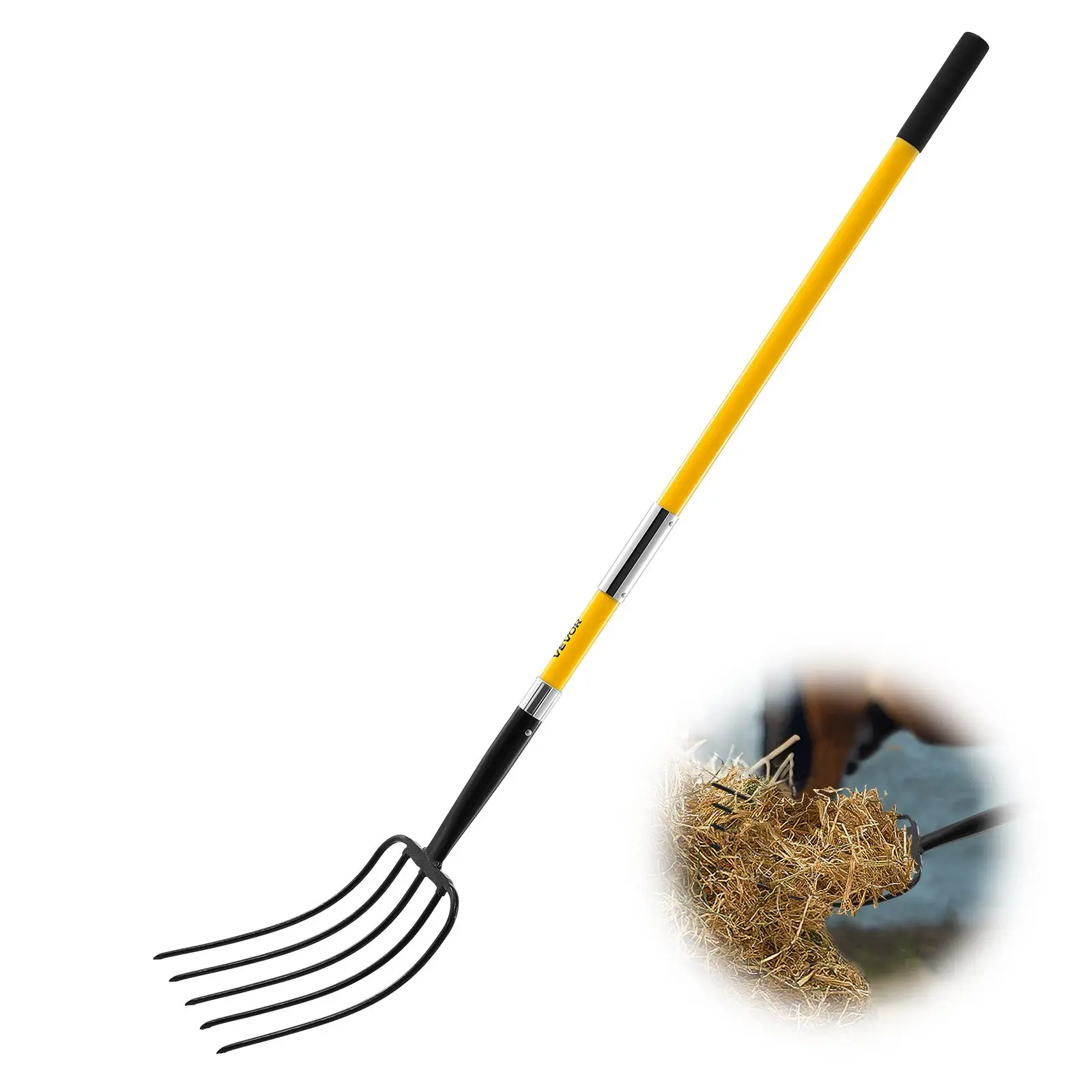 VEVOR Garden Fork, 5-Tine Gardening Pitchfork with Fiberglass Handle, 57 in Heavy Duty Digging Fork with Y Grip, Forged Steel Spading Fork for Hay Potato Composting Transplanting Aeration