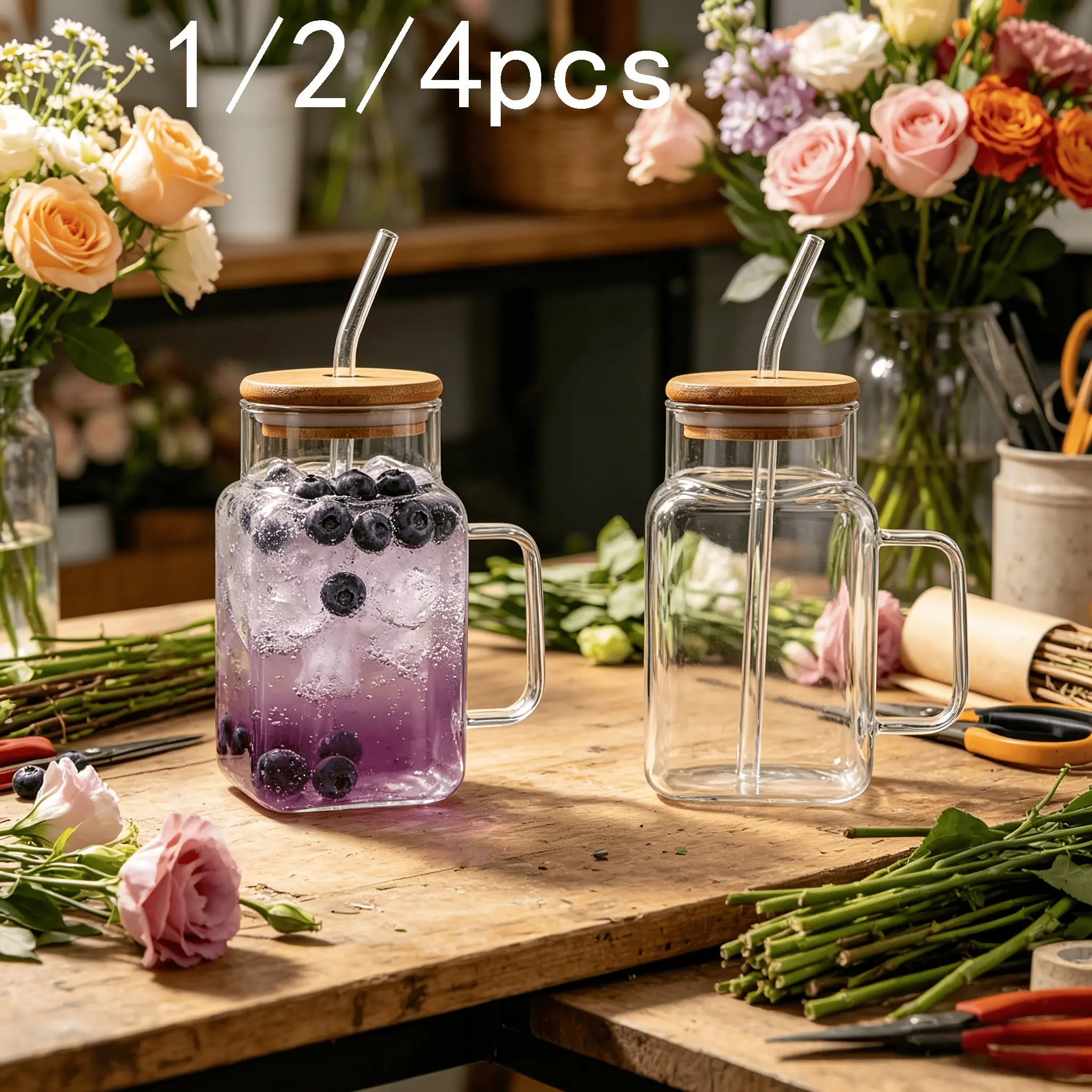 Glass Water Cups with Lids and Straws, Ice Coffee Cup, Creative Borosilicate Glass, Milk Cup, Beer and Juice Glasses, Home Use, Drinkware