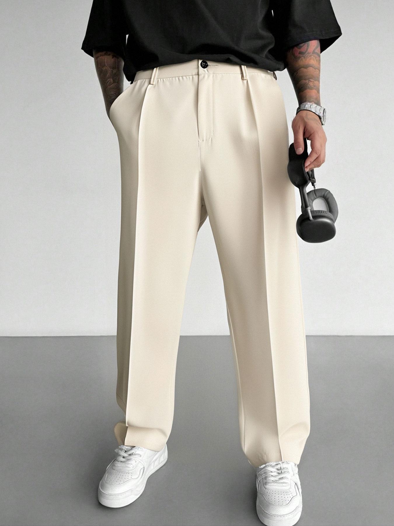 Men's Solid Pocket Straight Leg Pants, Regular Fit Casual Comfy Trousers for Office Work Business Formal, Men's Bottoms for All Seasons, Casual Plain Trousers, Menswear