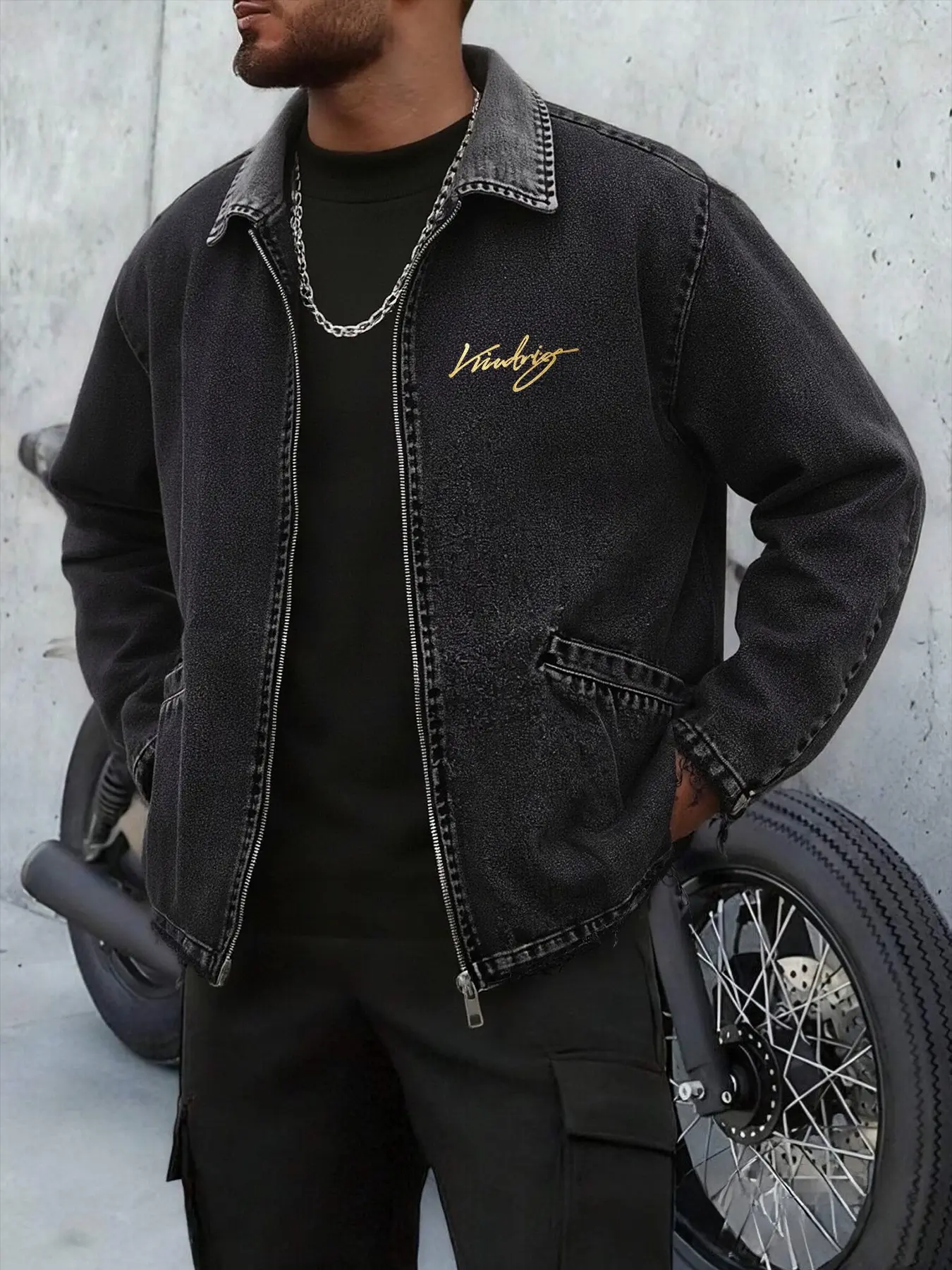 Men's Washed Vintage Collar Jacket, Loose Fit, American Retro Motorcycle Style, Handwritten English Embroidery, Full Zipper Design, Street Riding Trendy Outerwear