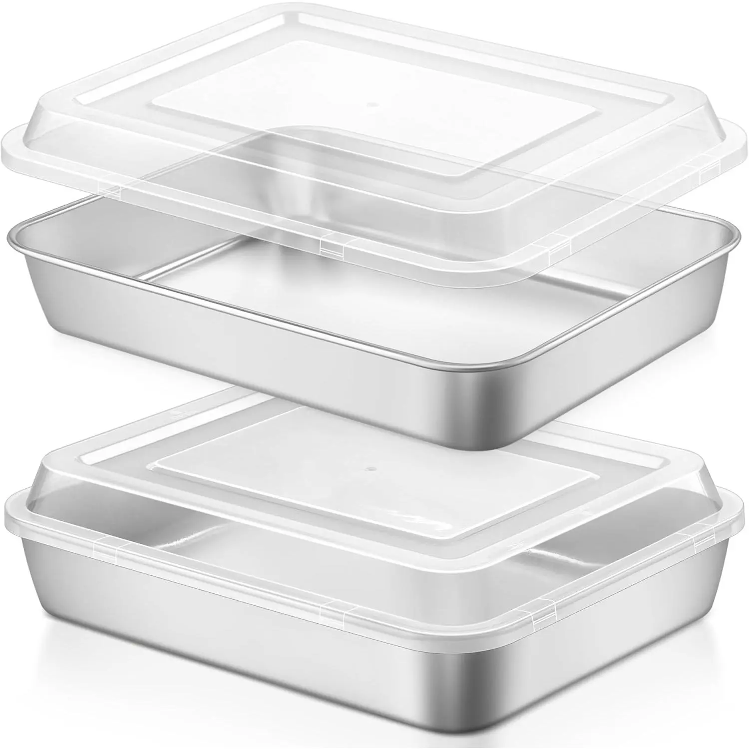 LIANYU 2 Pack Stainless Steel Baking Pan with Lid, 12⅓ x 9¾ x 2 Inch Rectangle Sheet Cake Pan, Lasagna Brownie Bakeware Set with Cover, Non-Toxic & Dishwasher Safe (2 Pans + 2 Lids)