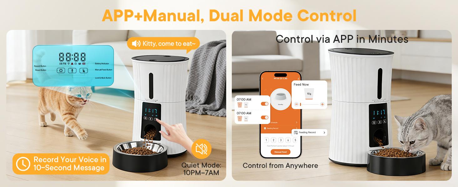Smart Auto Cat Feeder - 2.4G WiFi & APP Control, Dual Power Backup, 10s Voice Recording & Desiccant for Fresh Food